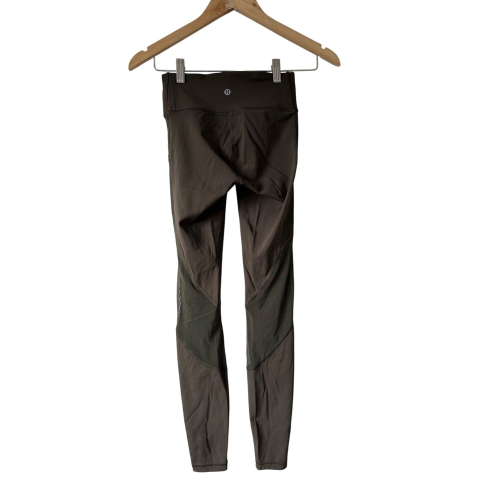 Lululemon High Rise Mesh Panel Running Leggings Dark Olive Green Side Pockets